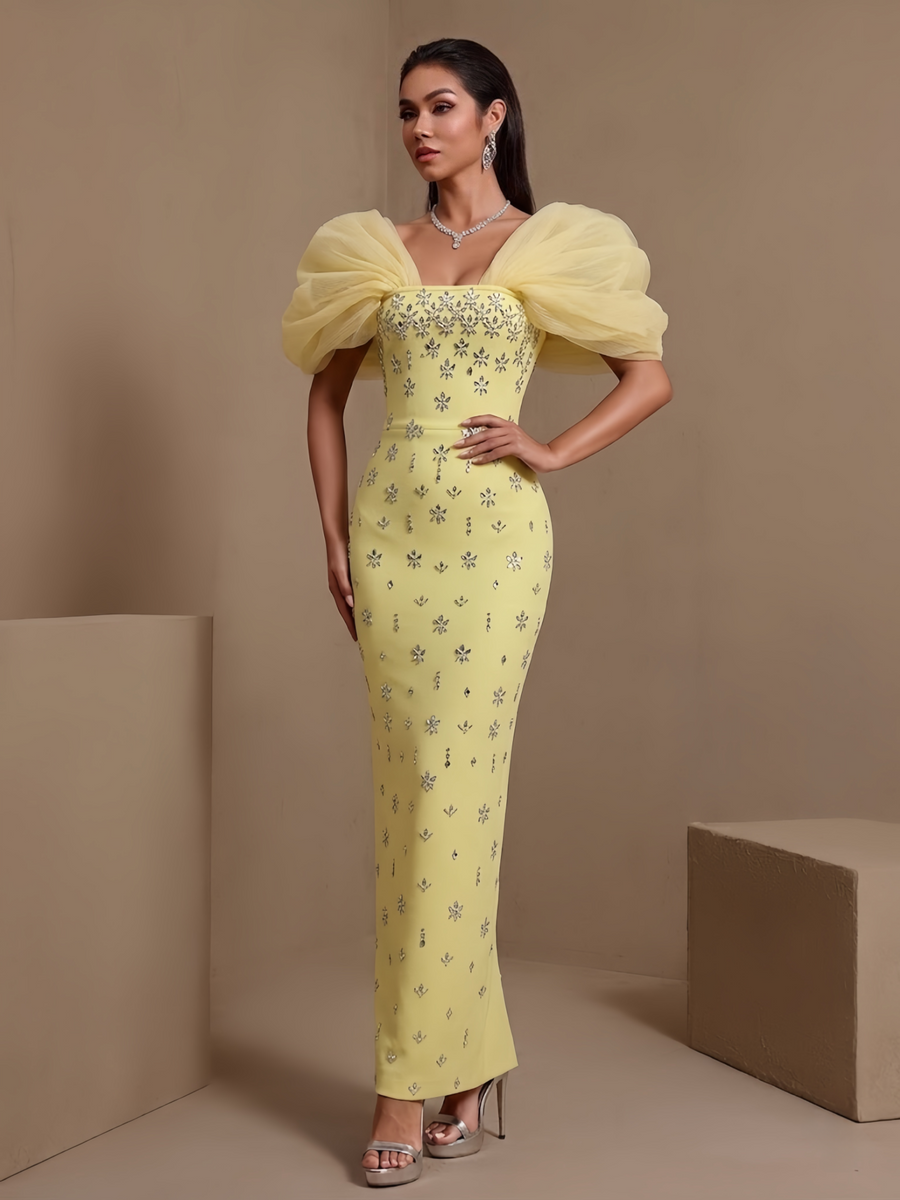 Astraea Montrose — Tulle Puff Sleeve Crystal Bandage Dress, alternate view 3