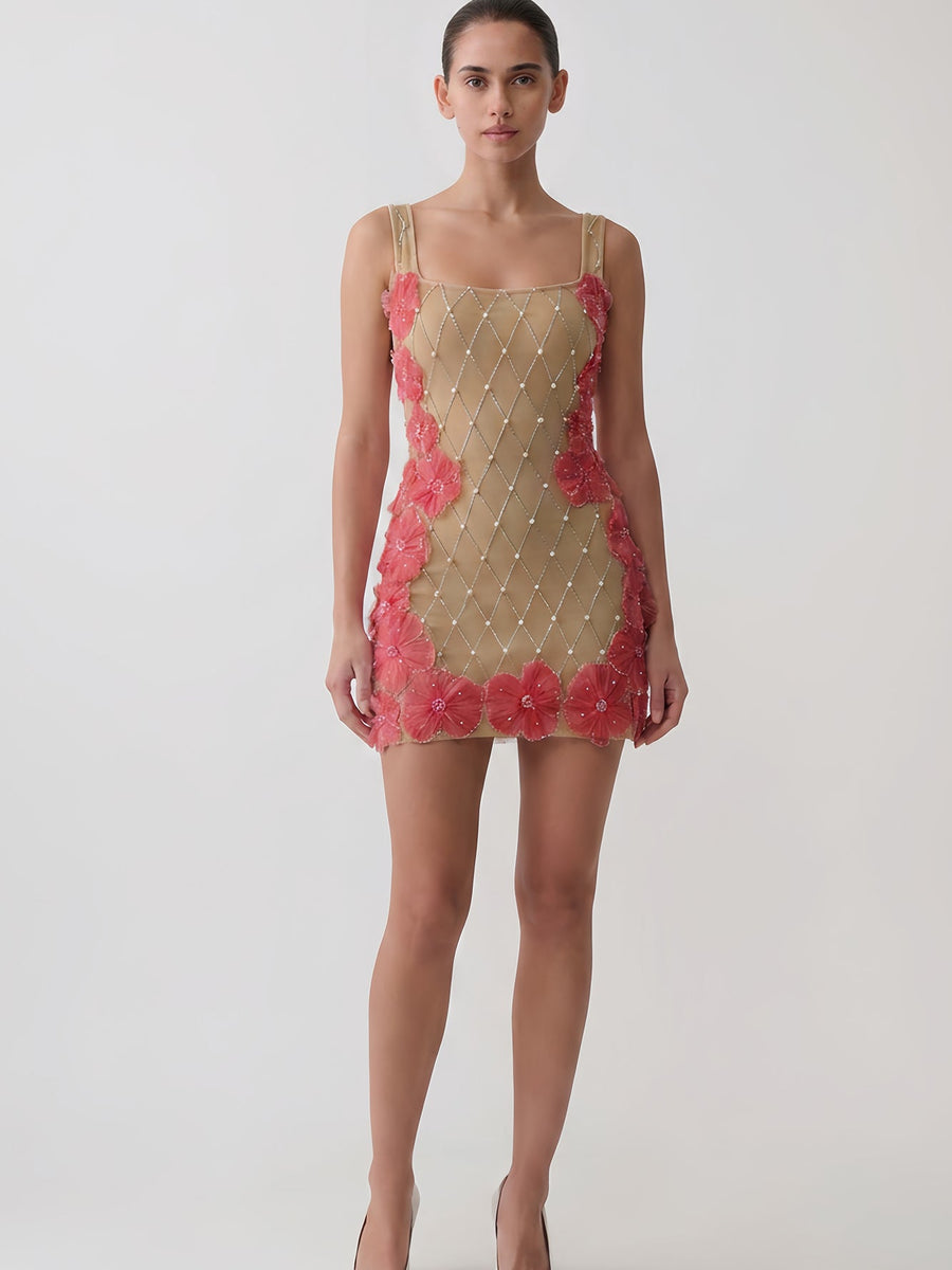 Lattice Rhinestone Pearl Floral Bandage Mini Dress