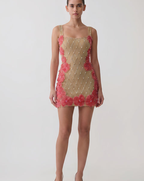 Lattice Rhinestone Pearl Floral Bandage Mini Dress