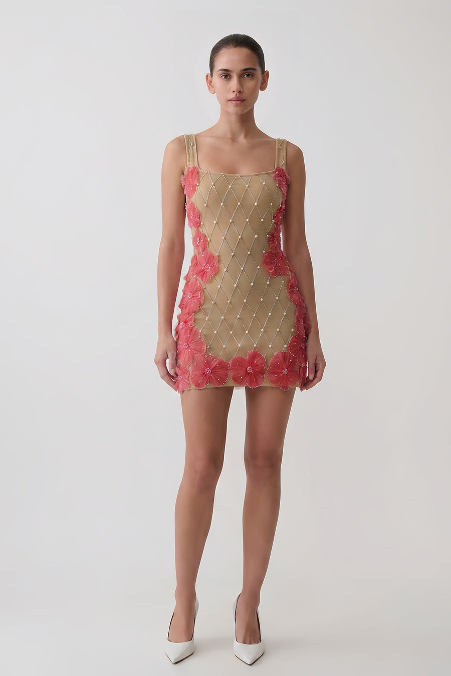 Aurelia Rosette nude embellished bandage mini dress