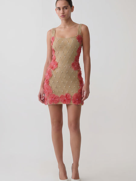 Lattice Rhinestone Pearl Floral Bandage Mini Dress