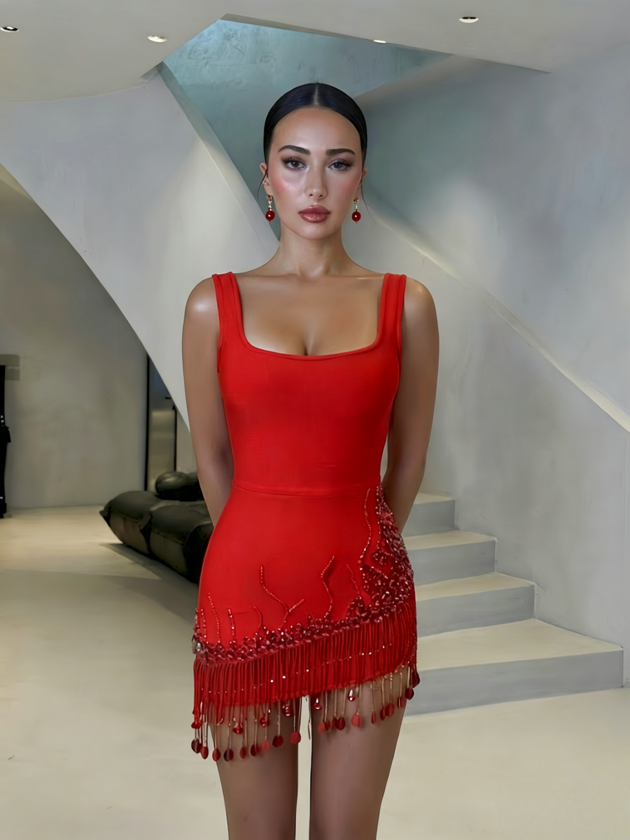 Seraphine Arden — Asymmetrical Hem Fringe Rhinestone Bandage Dress, alternate view 4