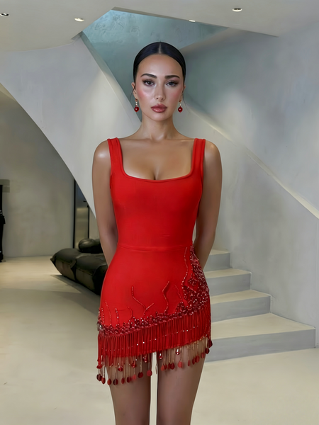 Asymmetrical Hem Fringe Rhinestone Bandage Dress