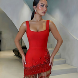 Seraphine Arden — Asymmetrical Hem Fringe Rhinestone Bandage Dress, alternate view 3
