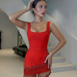Seraphine Arden — Asymmetrical Hem Fringe Rhinestone Bandage Dress, alternate view 6