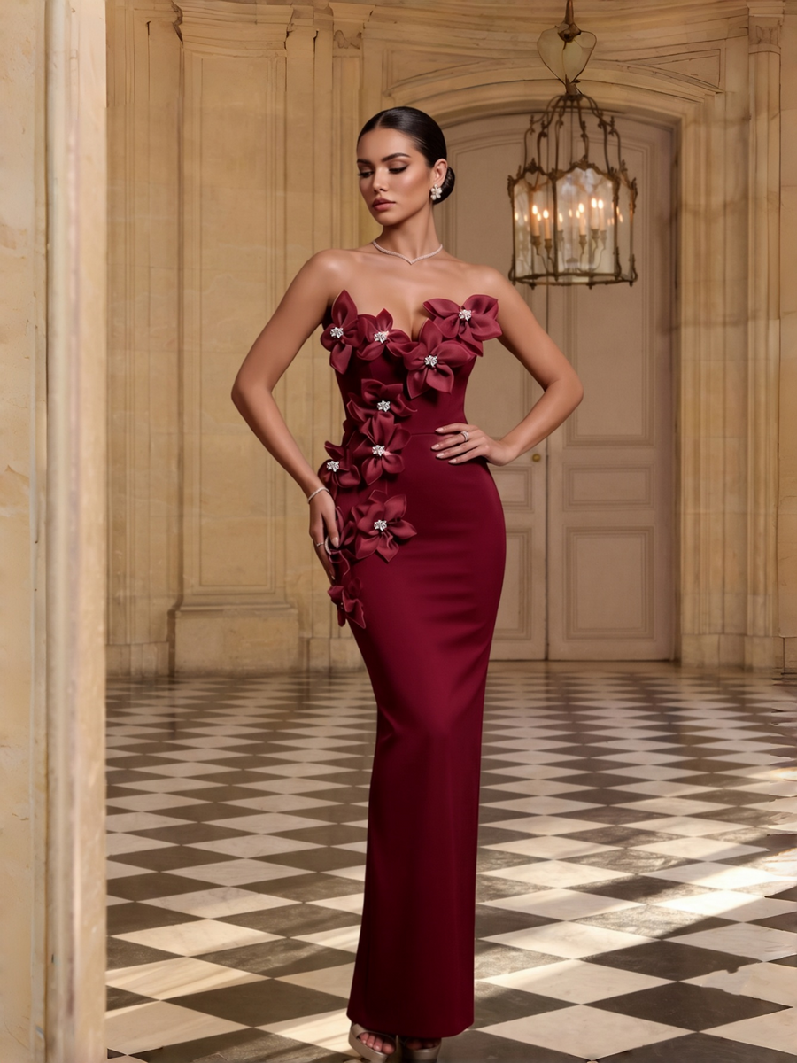 Organza Floral Rhinestone Backless Bandage Dress