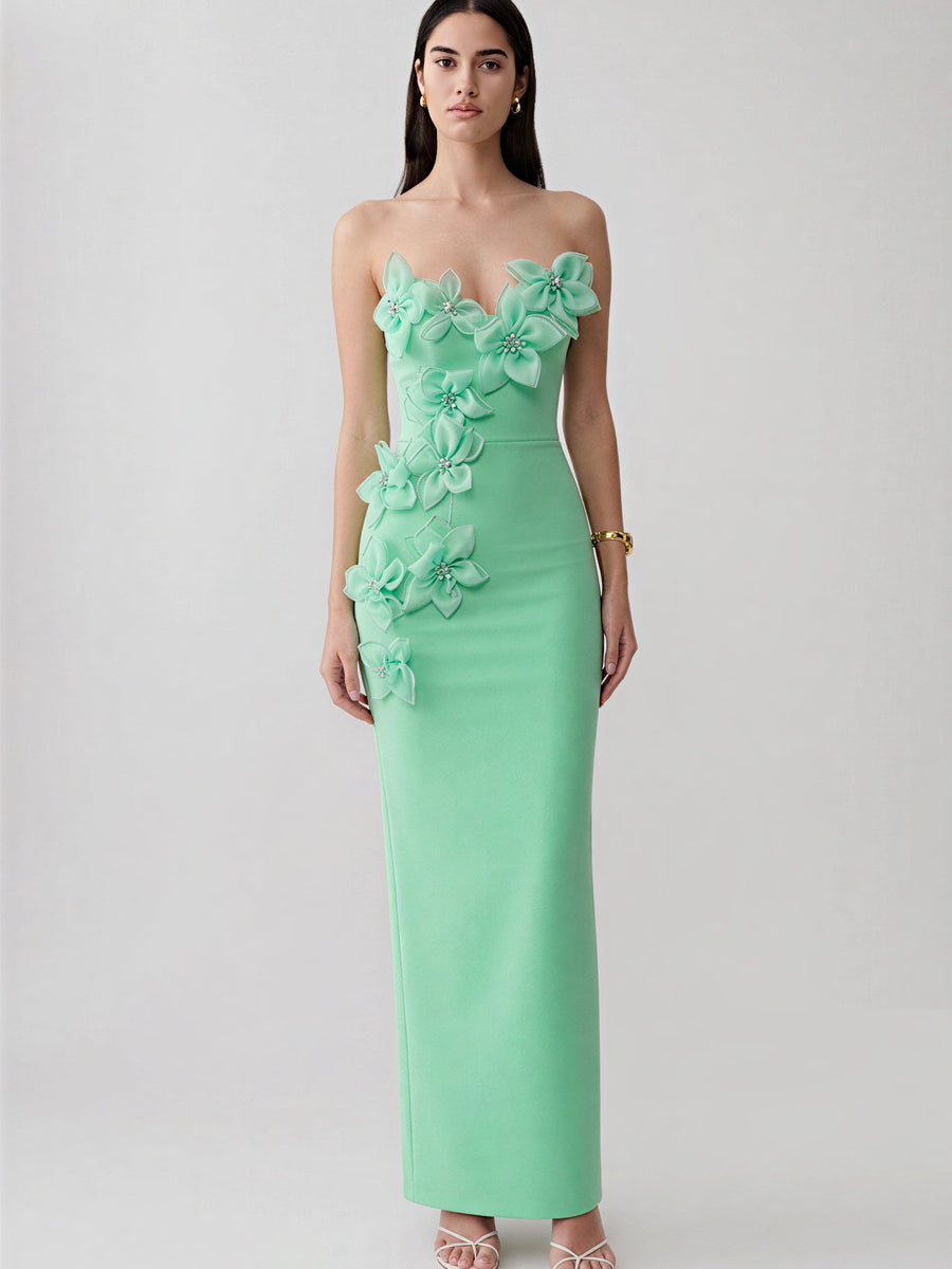 Ondine Rosier — Organza Floral Rhinestone Backless Bandage Dress