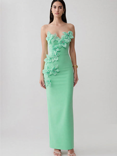 Ondine Rosier — Organza Floral Rhinestone Backless Bandage Dress