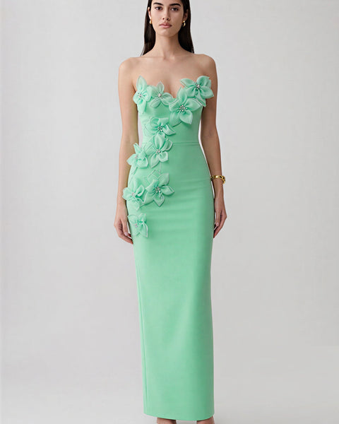 Ondine Rosier — Organza Floral Rhinestone Backless Bandage Dress