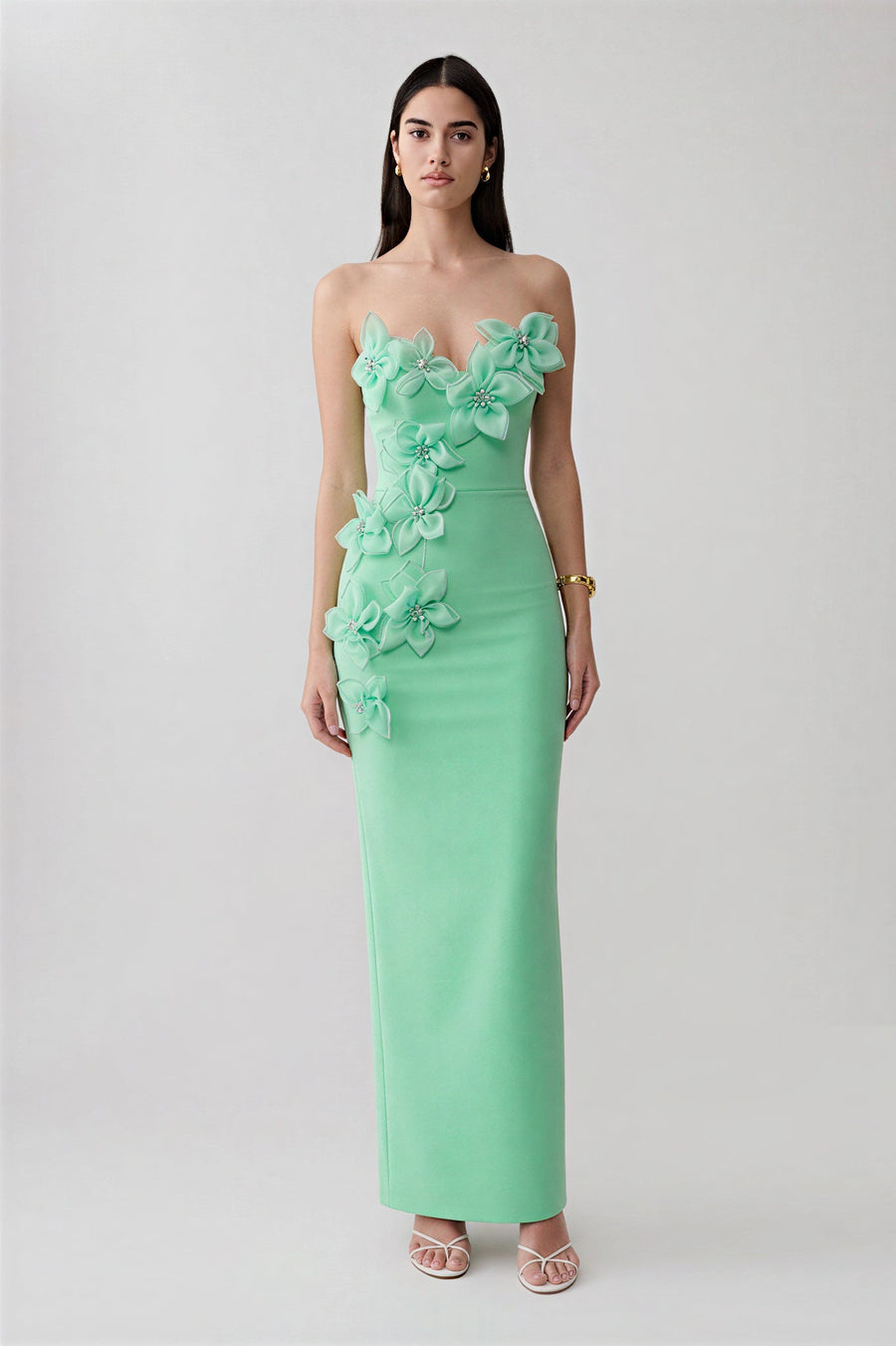 Robe Bandage Dos Nu en Organza Floral et Strass