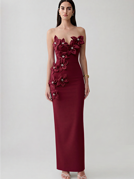 Organza Floral Rhinestone Backless Bandage Dress