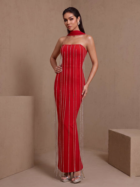 Cassiopeia Renard — Halter Dangling Rhinestone Fringe Bandage Dress