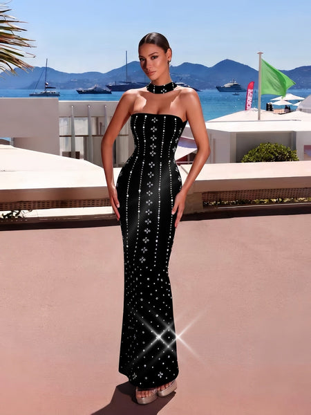 Halter Sparkly Rhinestone Pearl Bandage Dress