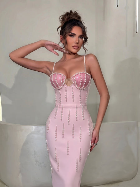 Spaghetti Strap Waterfall Pearl Bandage Dress
