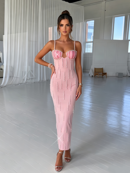 Lucienne Pearl — Spaghetti Strap Waterfall Pearl Bandage Dress, alternate view 5