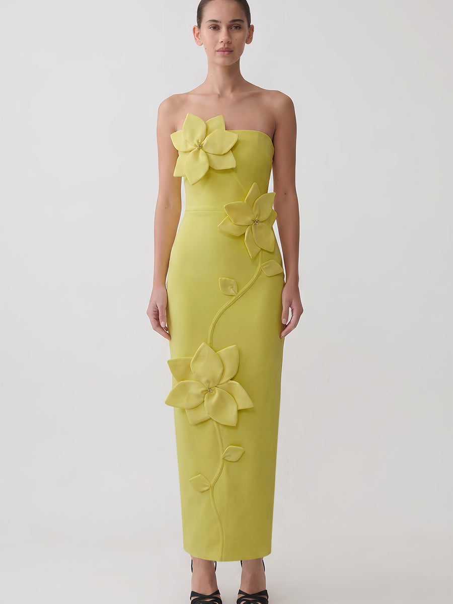 Strapless Flower Vine Applique Bandage Dress