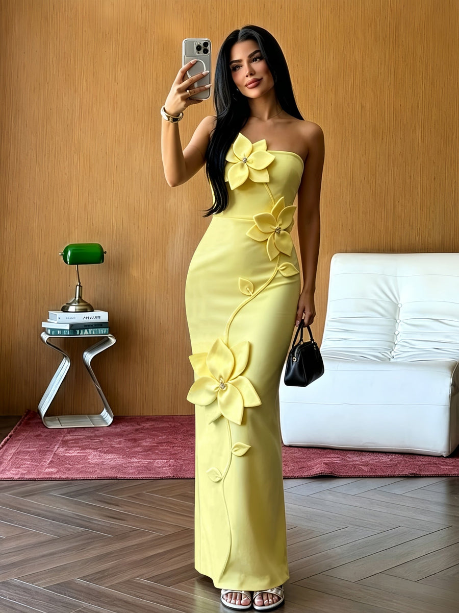 Strapless Flower Vine Applique Bandage Dress
