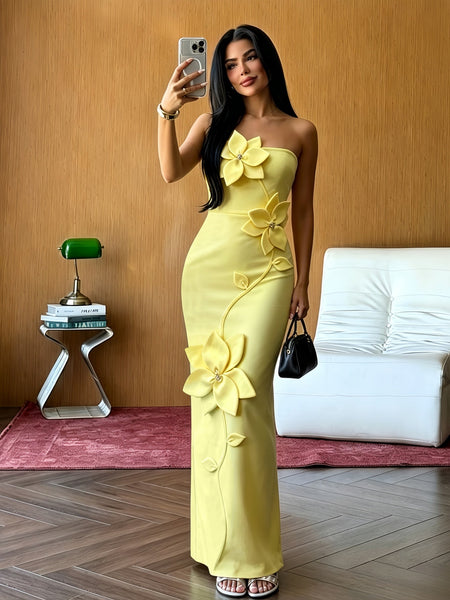 Strapless Flower Vine Applique Bandage Dress