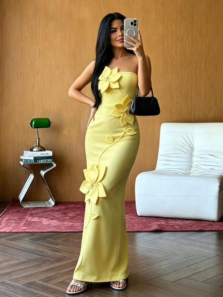 Strapless Flower Vine Applique Bandage Dress