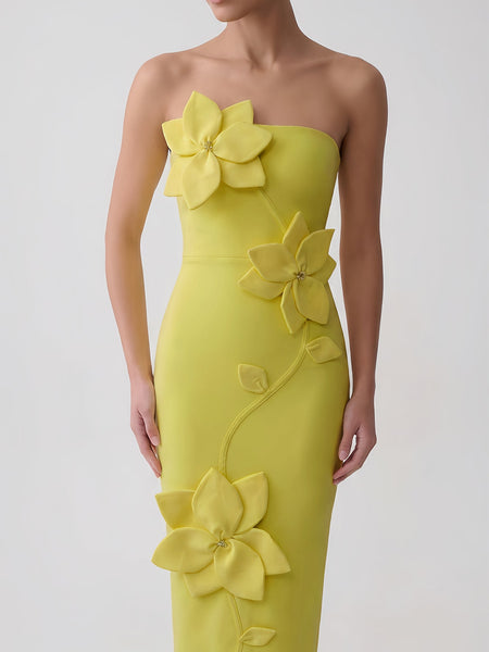 Strapless Flower Vine Applique Bandage Dress