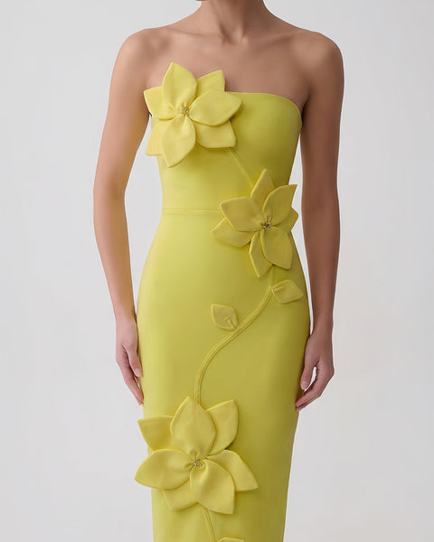 Strapless Flower Vine Applique Bandage Dress