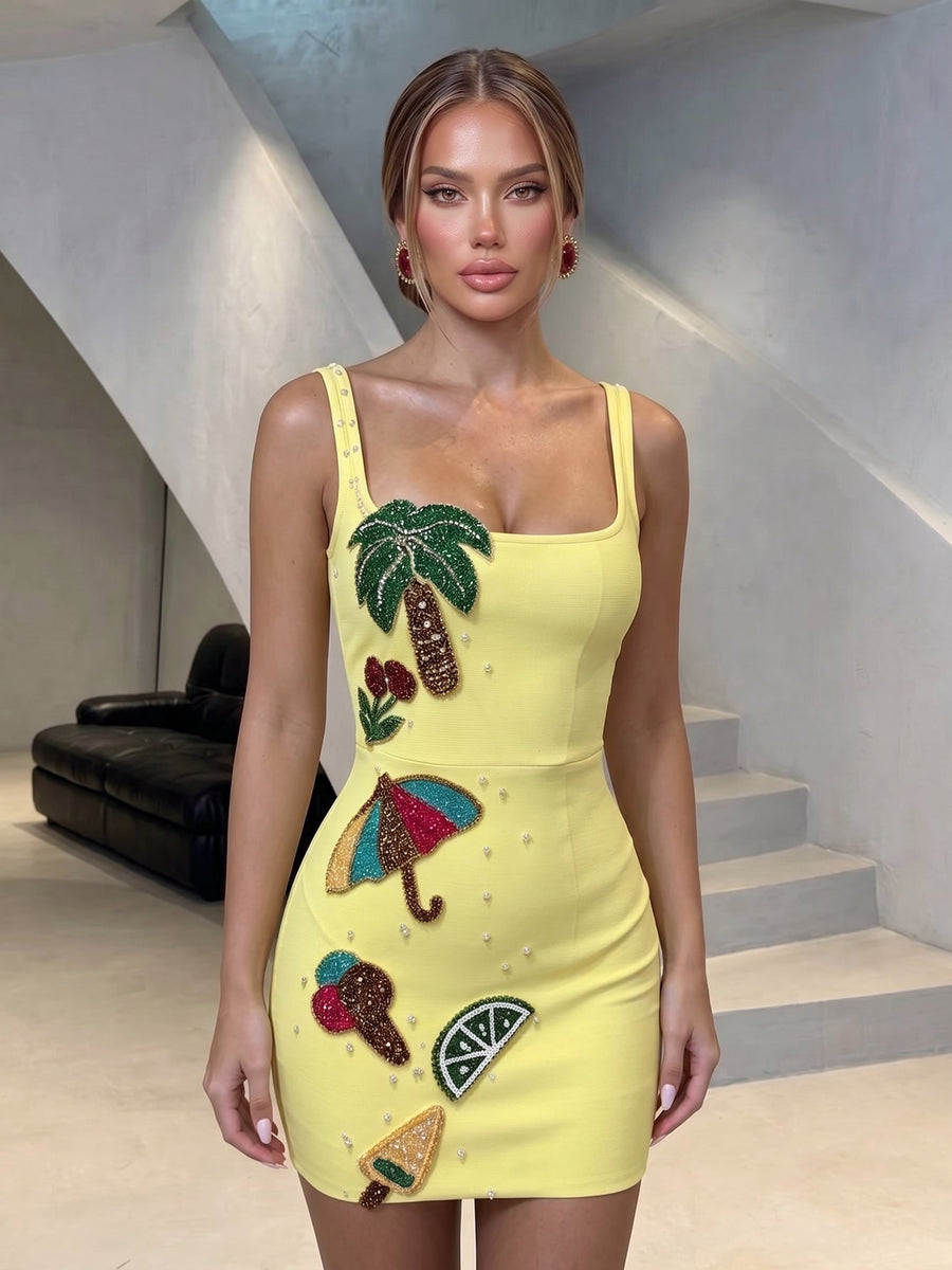 Beach Party Tropical Rhinestone Bandage Mini Dress