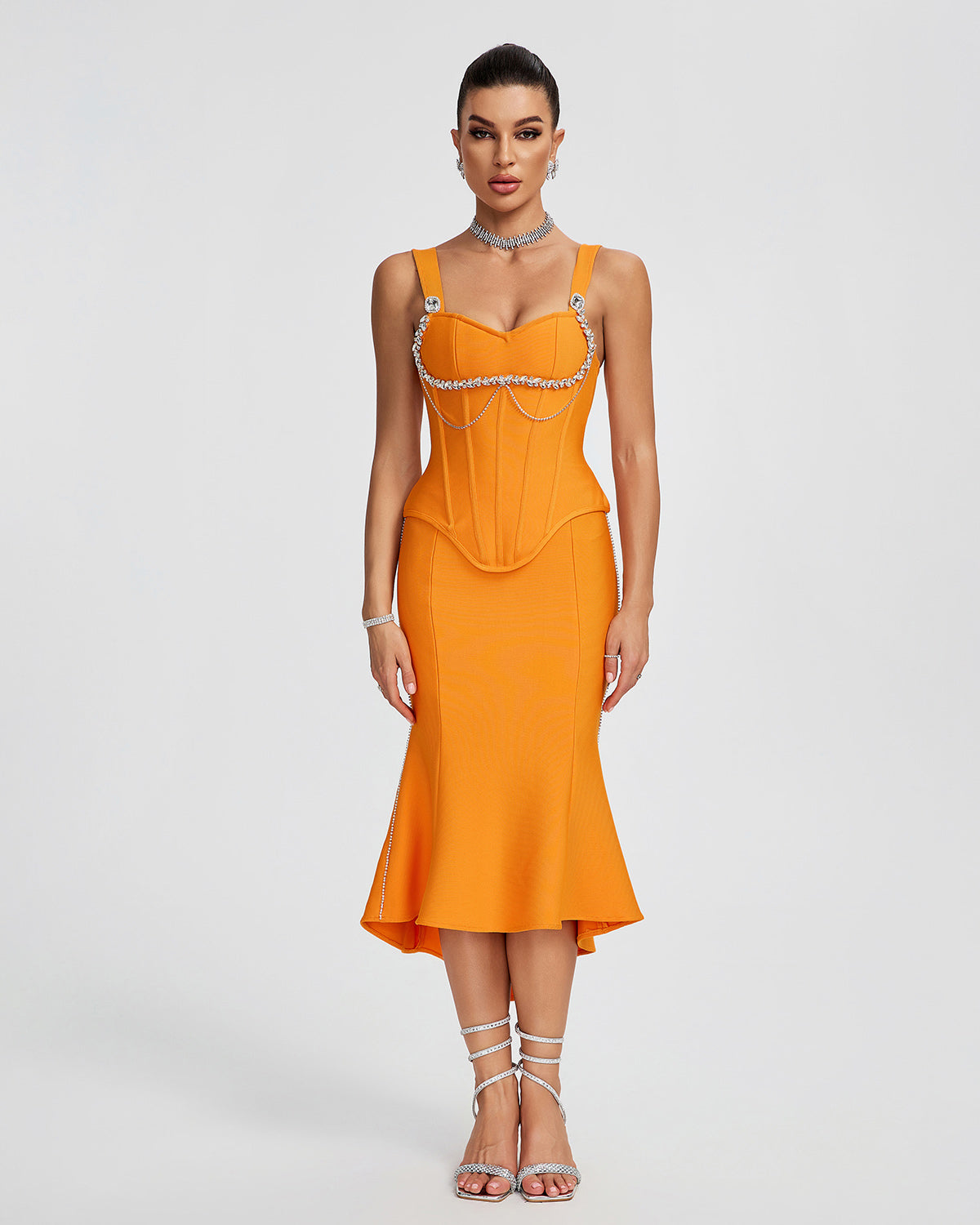 Xanthe — Mermaid Crystal Chain Midi Bandage Set Orange Midi Dress, alternate view 5