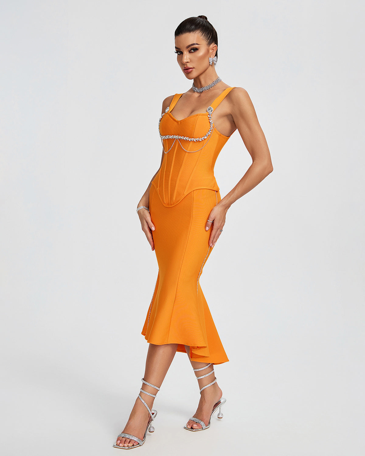 Xanthe — Mermaid Crystal Chain Midi Bandage Set Orange Midi Dress, alternate view 3