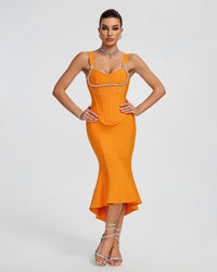 Xanthe — Mermaid Crystal Chain Midi Bandage Set Orange Midi Dress, alternate view 6