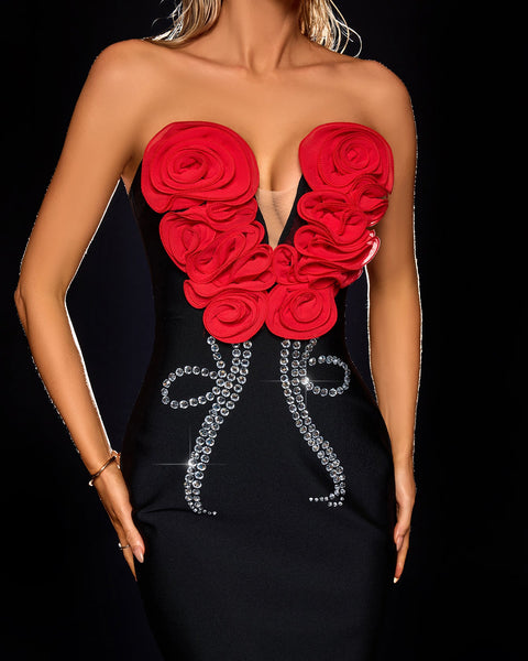 Elegant Crystal Flowers Strapless Bandage Dress