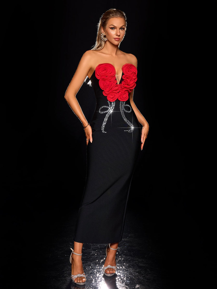 Elegantes trägerloses Bandage-Kleid mit Kristallblumen