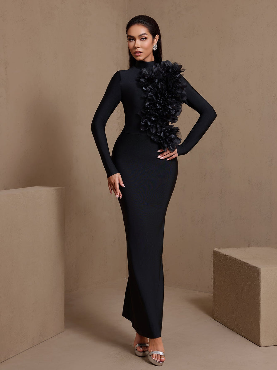 High Neck Luxuriant Flowers Bandage Dress
