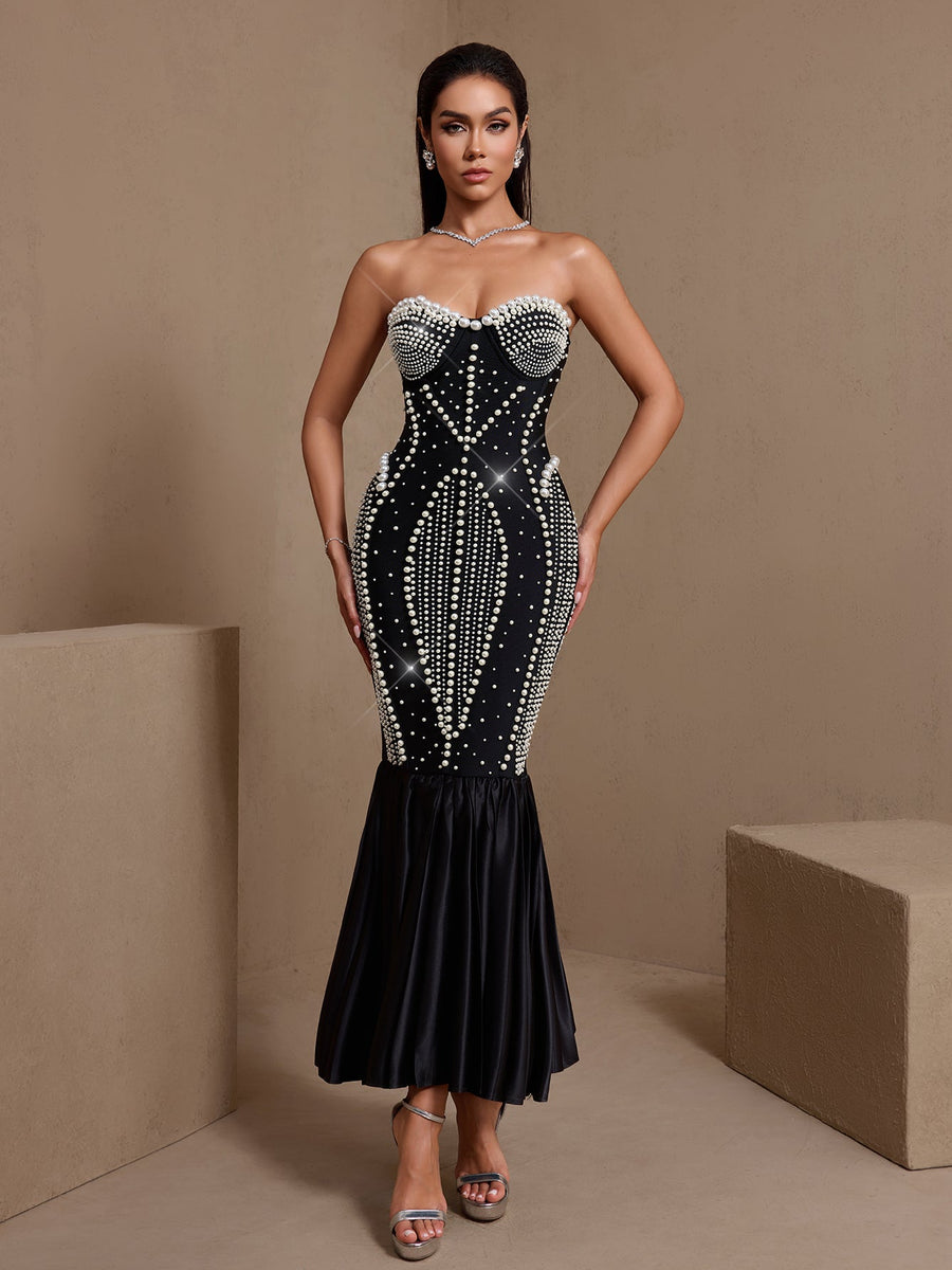 Strapless Pearl Embroidered Fishtail Bandage Dress