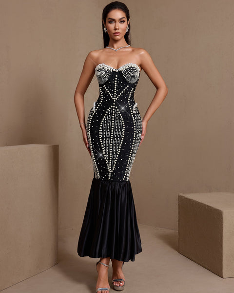 Strapless Pearl Embroidered Fishtail Bandage Dress