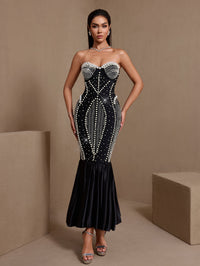 Wisteria Rivière — Strapless Pearl Embroidered Fishtail Bandage Dress