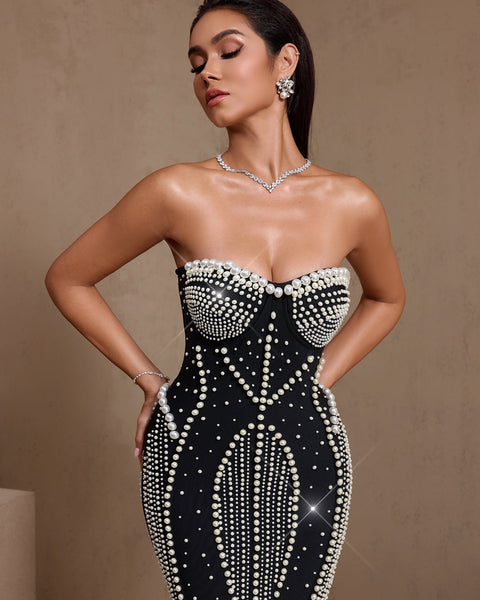 Strapless Pearl Embroidered Fishtail Bandage Dress