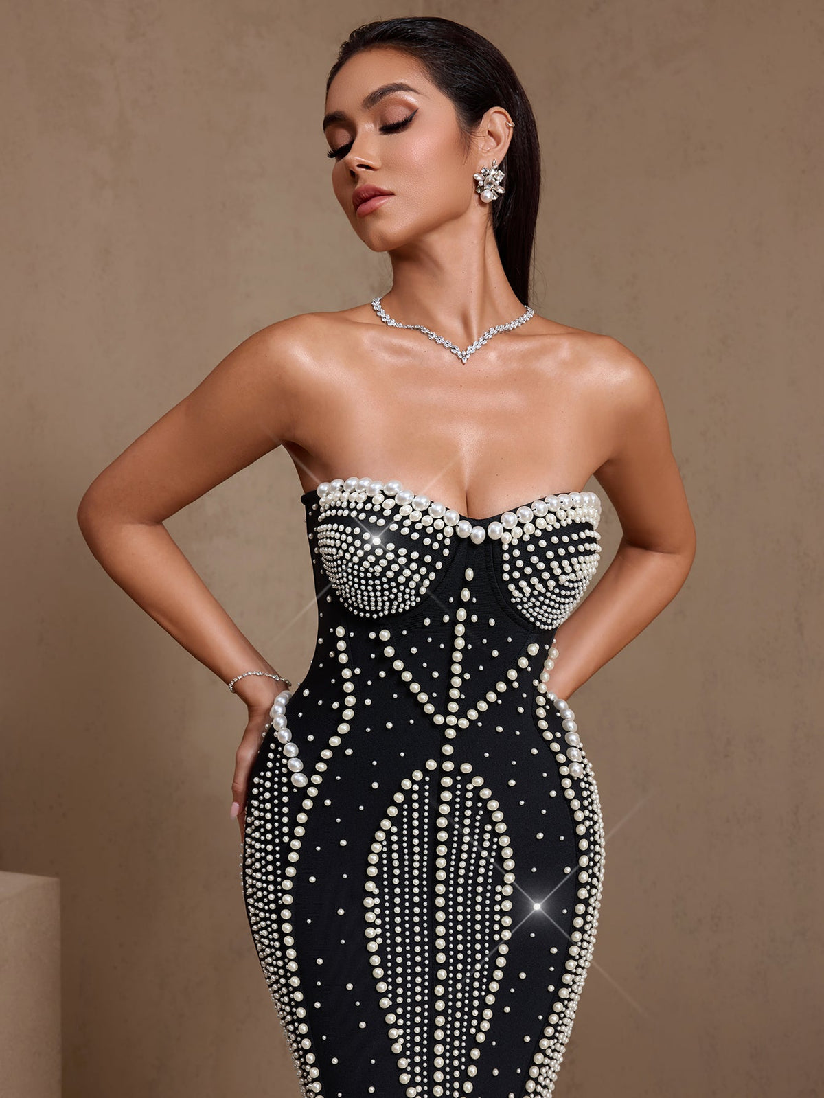 Wisteria Rivière — Strapless Pearl Embroidered Fishtail Bandage Dress, alternate view 2