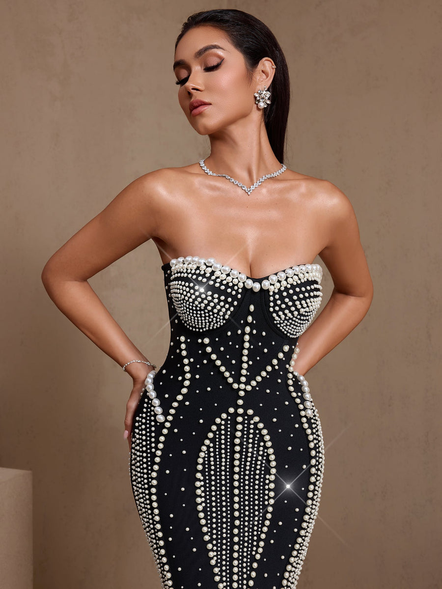 Wisteria Rivière — Strapless Pearl Embroidered Fishtail Bandage Dress, alternate view 2