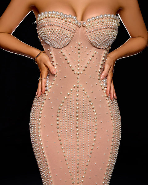 Strapless Pleated-hem Bandage Pearl Dress