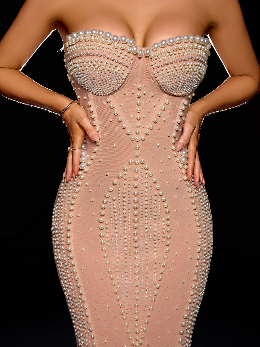 Ottilie Rivière — Strapless Pleated-hem Bandage Pearl Dress, alternate view 2