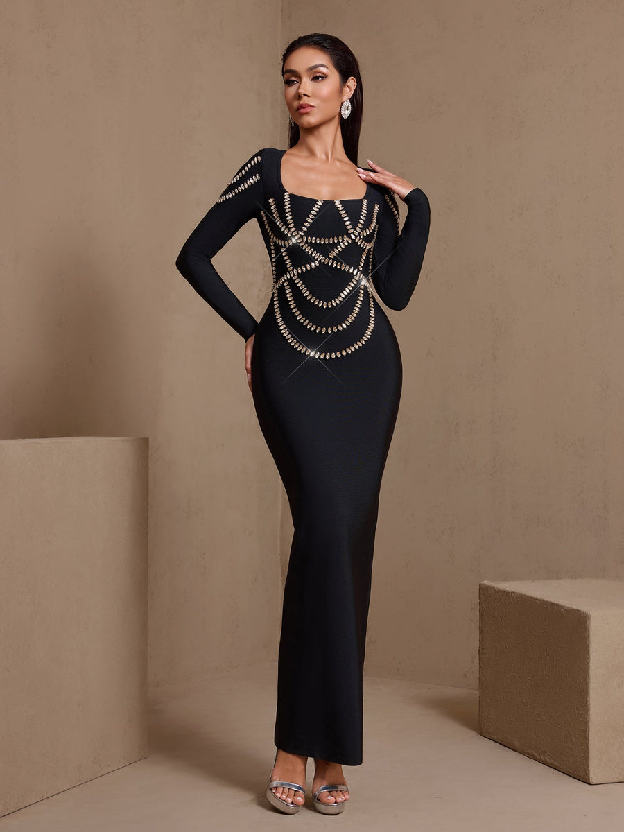 Square Collar Cross-set Rhinestone Bandage Dress