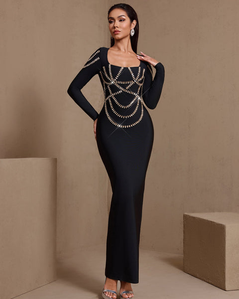 Square Collar Cross-set Rhinestone Bandage Dress