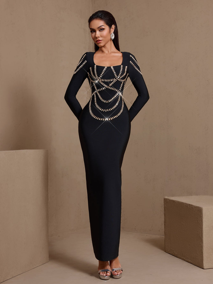 Square Collar Cross-set Rhinestone Bandage Dress