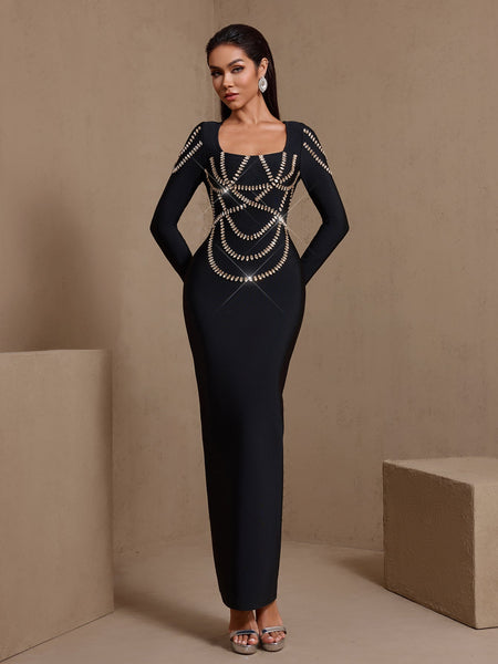 Square Collar Cross-set Rhinestone Bandage Dress