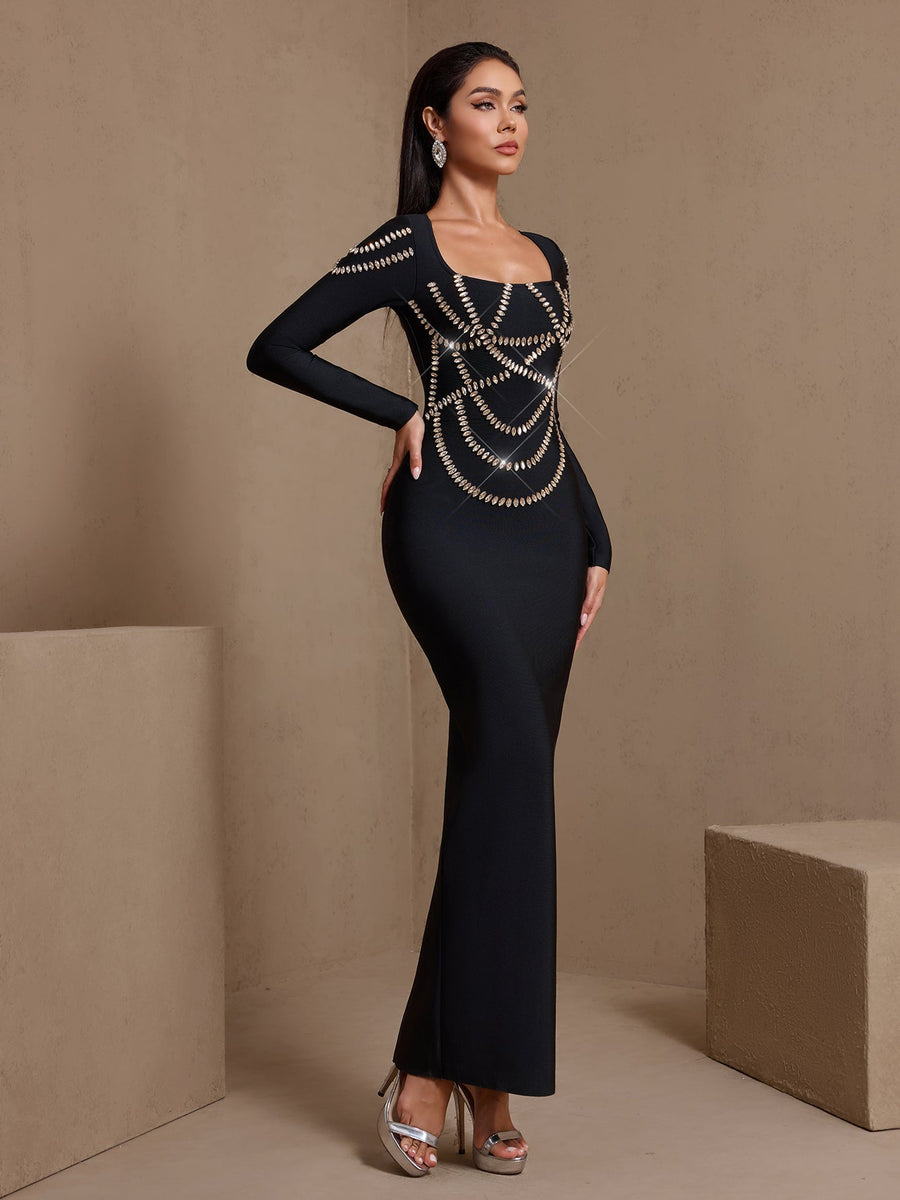 Square Collar Cross-set Rhinestone Bandage Dress