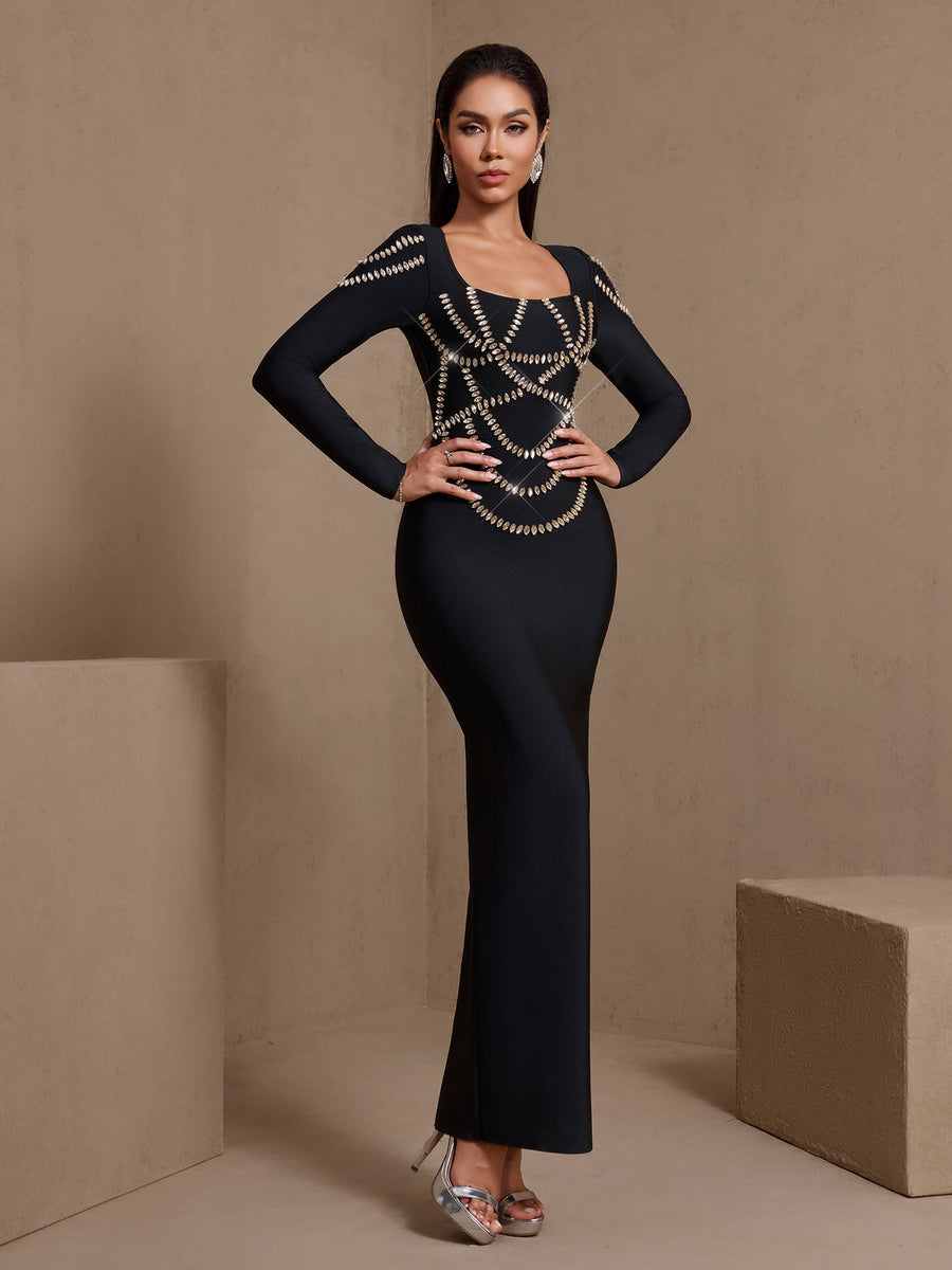 Square Collar Cross-set Rhinestone Bandage Dress