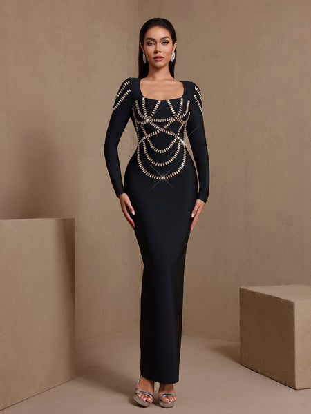 Square Collar Cross-set Rhinestone Bandage Dress