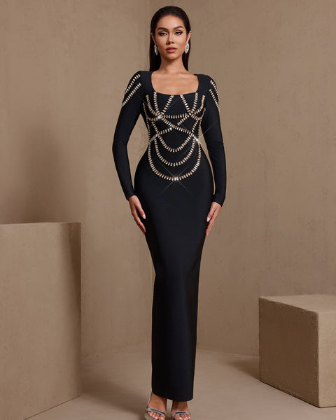 Square Collar Cross-set Rhinestone Bandage Dress