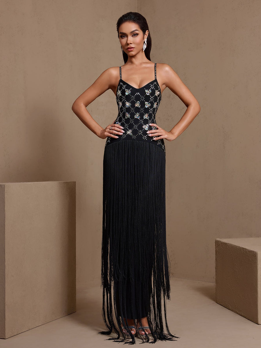 Strassgitter-Bandagenkleid mit Quasten