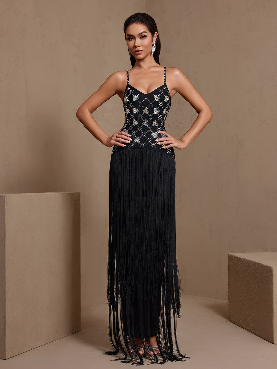 Genevra Moreau — Rhinestone Grid Bandage Tassels Dress